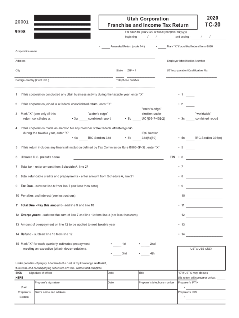  TC 20 Forms, Utah Corporation Franchise or Income Tax Forms & Publications 2020