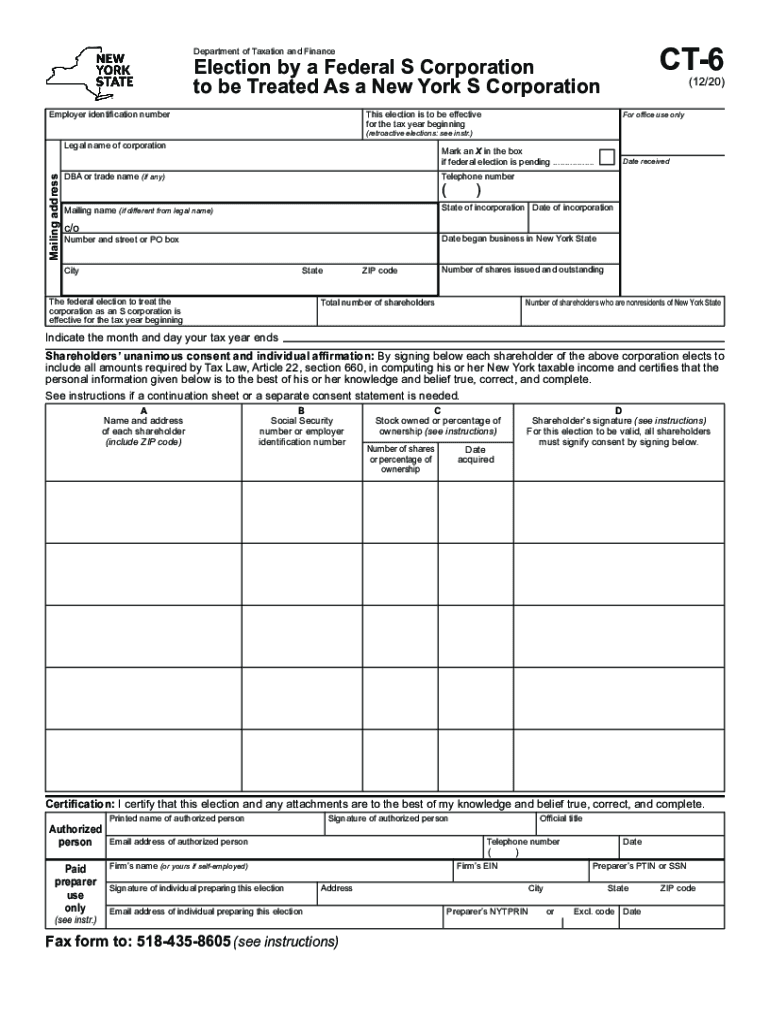  Form CT 6 Election by a Federal S Corporation to Be Treated as a New York S Corporation Revised 1220 2020-2024