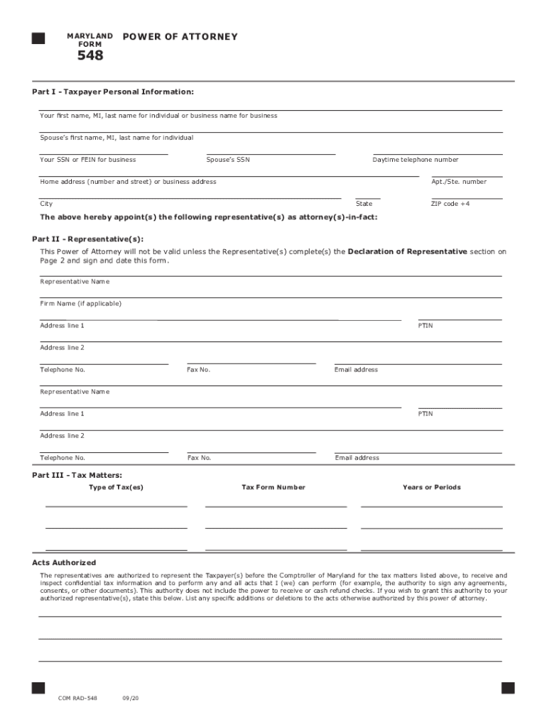  MARYLAND POWER of ATTORNEY FORM 548 2020