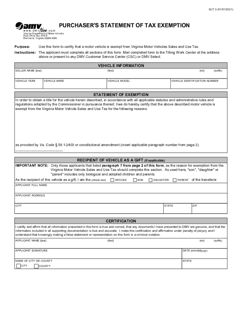  PURCHASER'S STATEMENT of TAX EXEMPTION Virginia 2021-2024