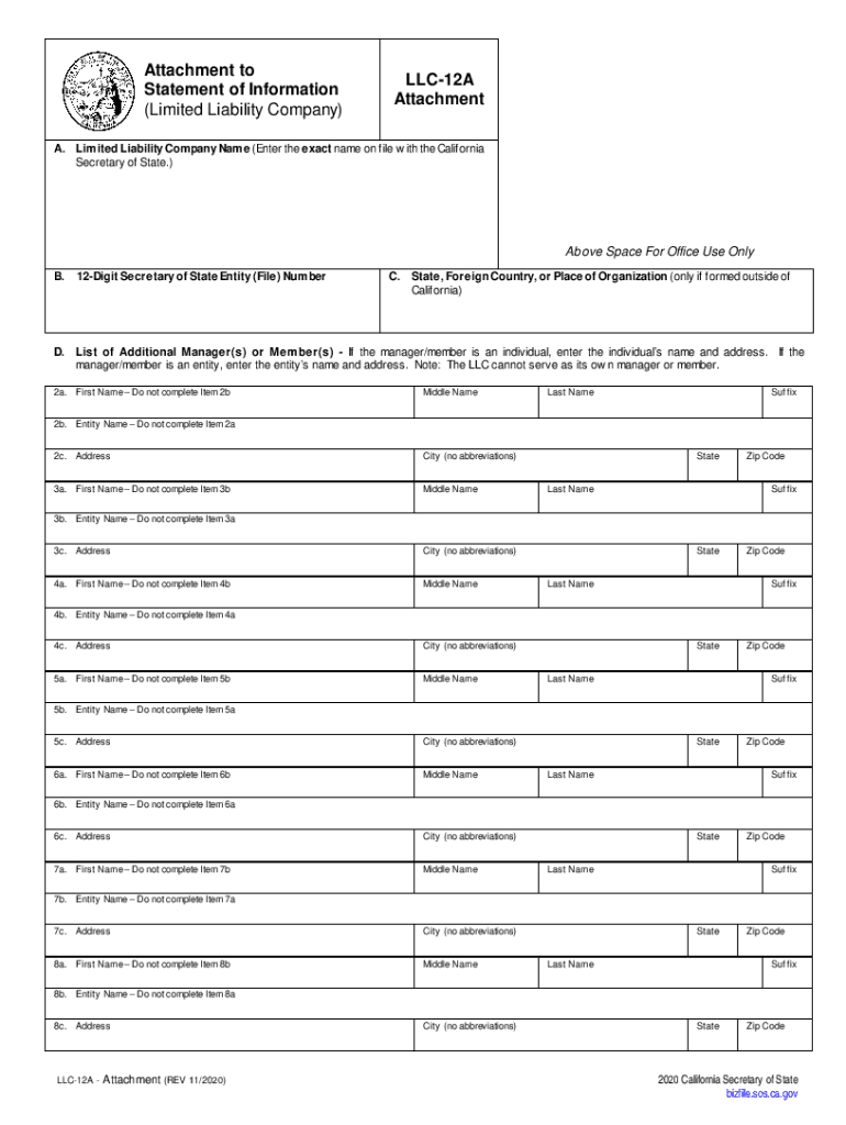  Form LLC 12A 'Attachment to Statement of Information 2020-2024