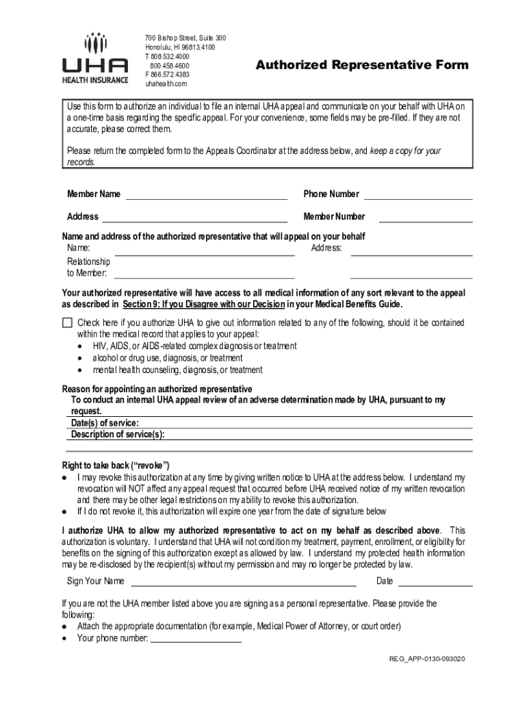  Use This Form to Authorize an Individual to File an Internal UHA Appeal and Communicate on Your Behalf with UHA on 2020-2024