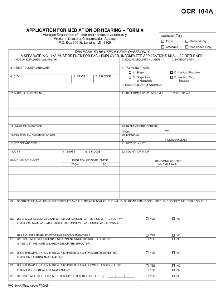 Application for Mediation or Hearing Form a