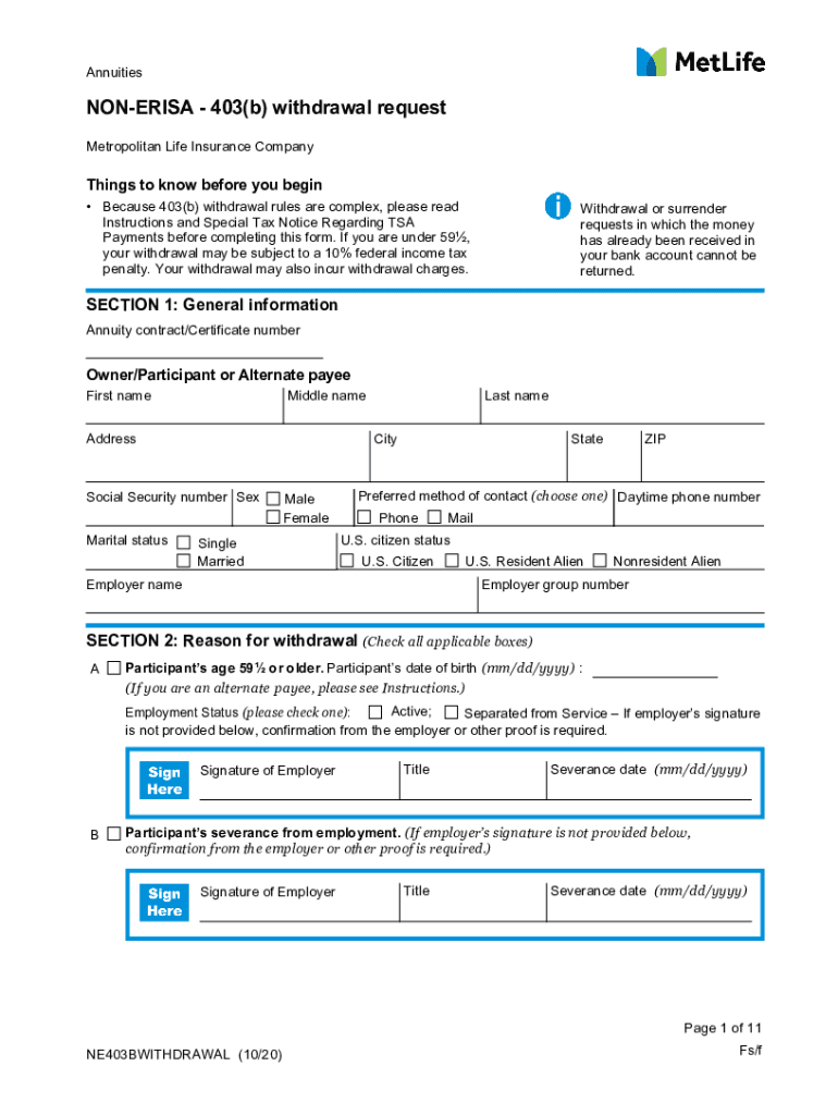  403b Withdrawal Request Form MetLife 2020-2024