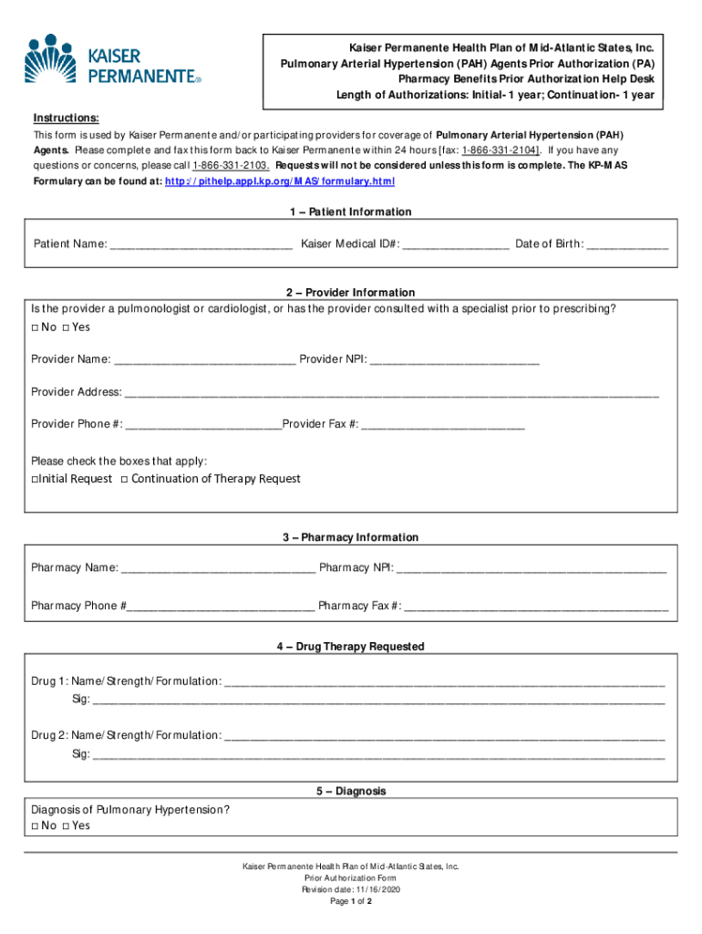 Prior Authorization PA Form for Pulmonary Arterial Hypertension PAH Agents Prior Authorization PA Form for Pulmonary Arterial Hy