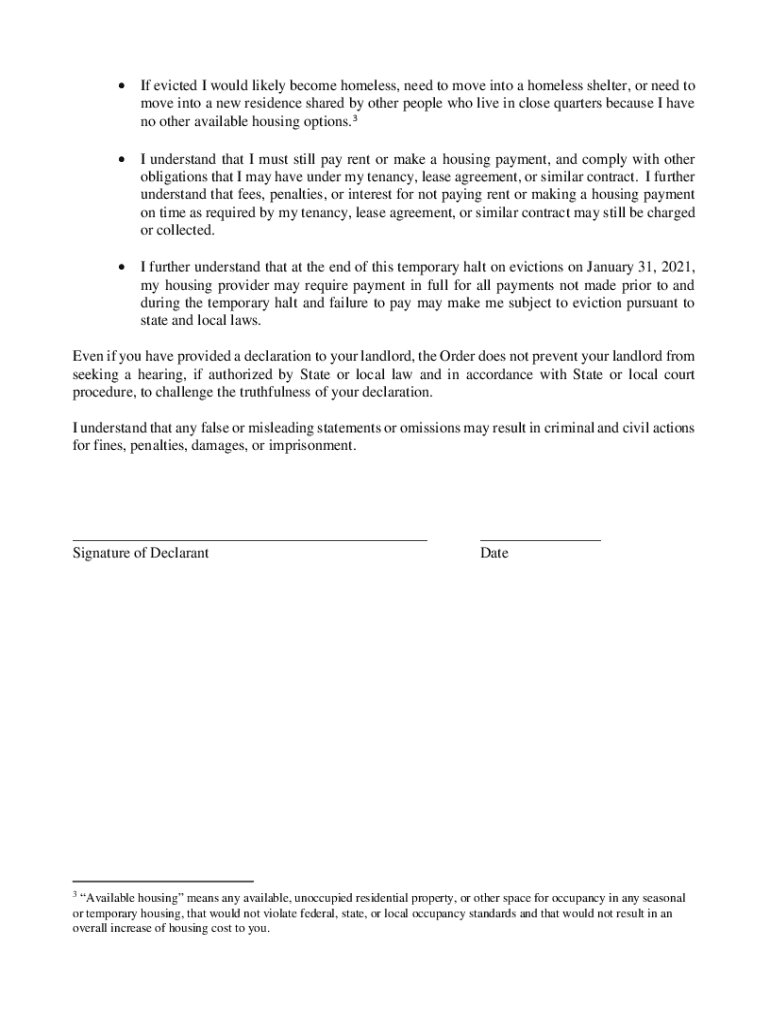 Form Declaration under Penalty of Perjury for the Centers for Disease Control and Preventions Temporary Halt in Evictions to Pre