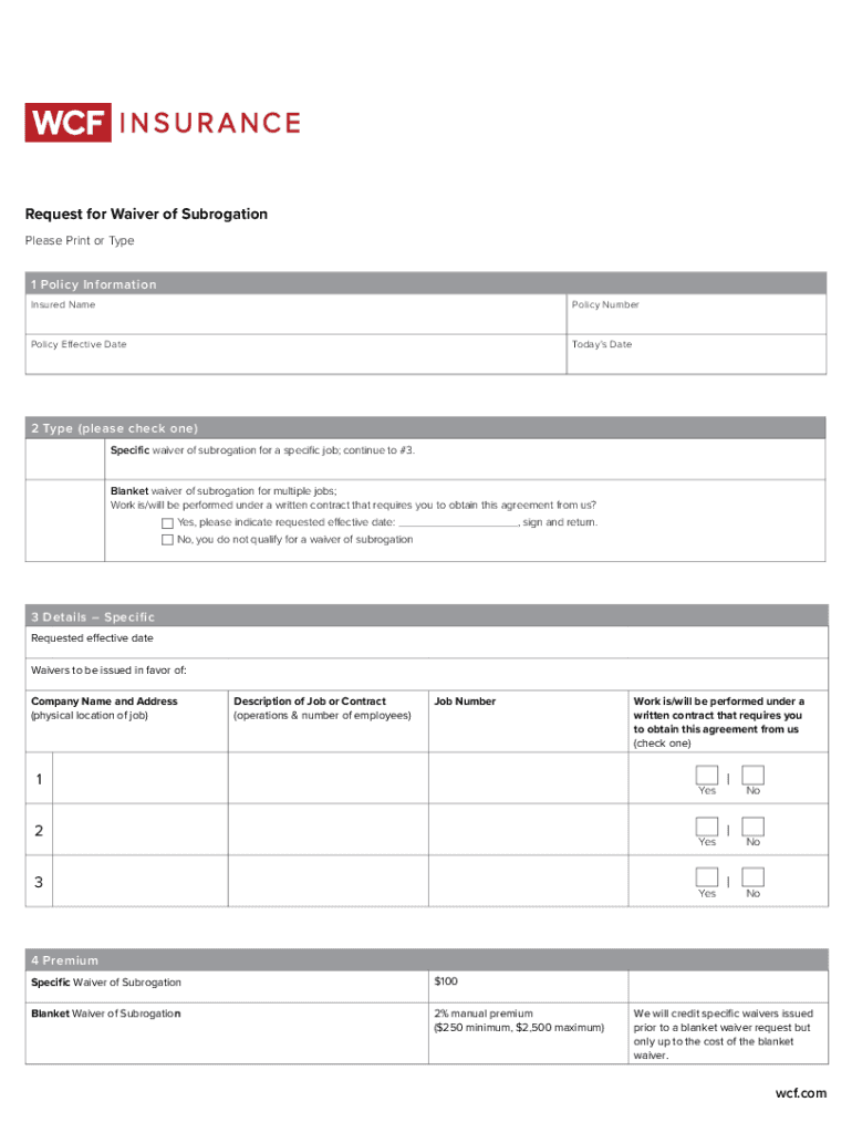 Request for Waiver of Subrogation  Form