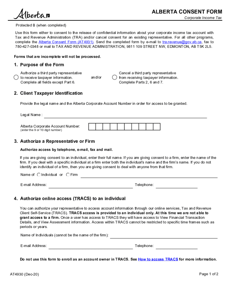  Alberta Consent Form AT4930 Corporate Income Tax Consent Form for the Release of Confidential Information 2020