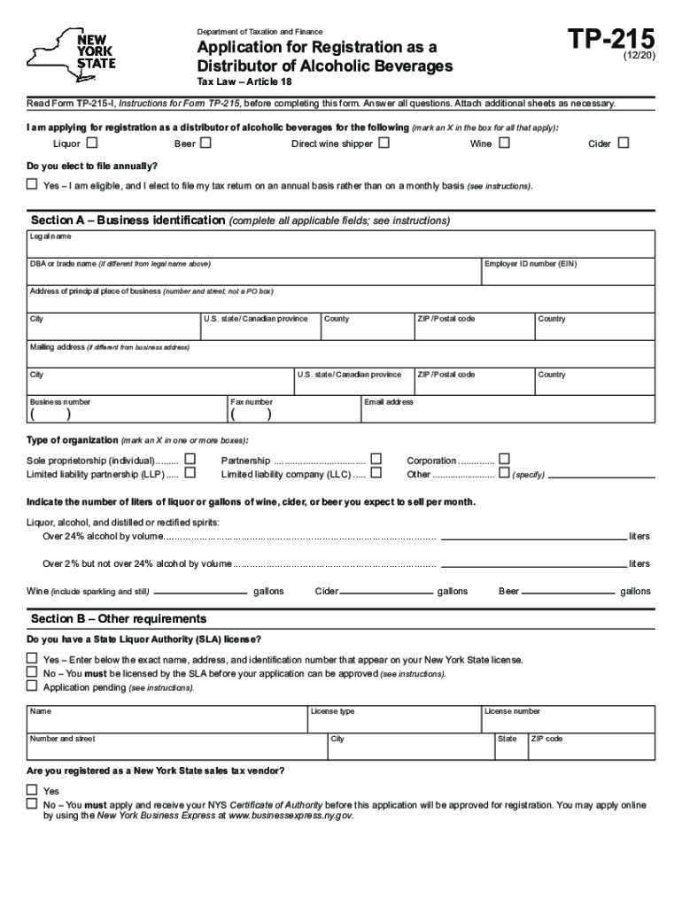  Form TP 215 Application for Registration as a Distributor of 2020-2024