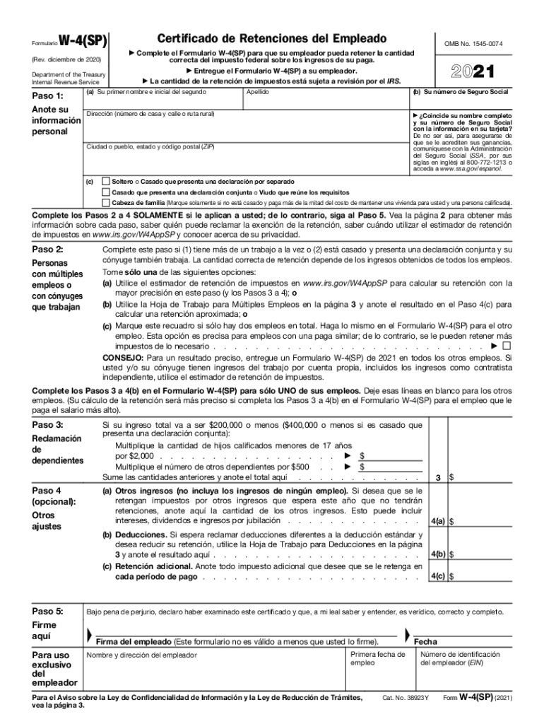  Form W 4SP Employee's Withholding Certificate Spanish Version 2021