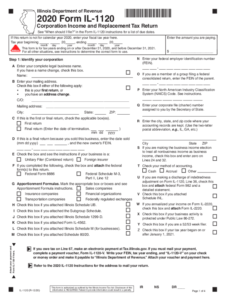  Form IL 1120, Corporation Income and Replacement Tax Return 2020