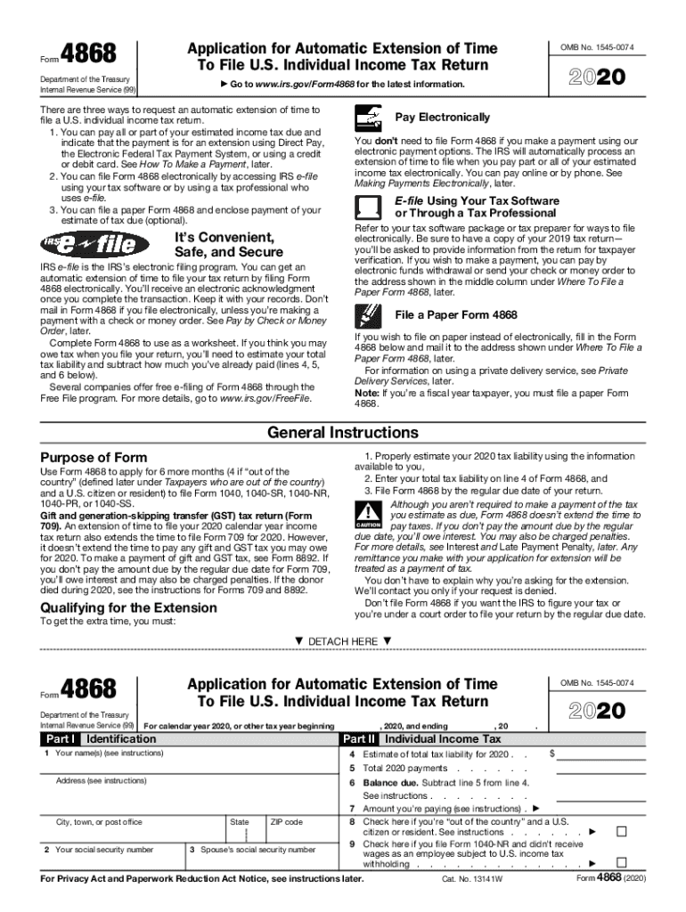 Form 4868 Application for Automatic Extension of Time to File U S Individual Income Tax Return