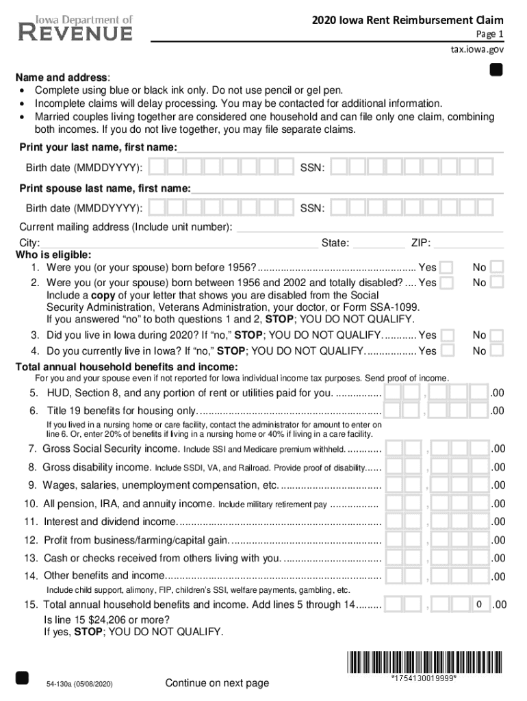  Rent Reimbursement Claim, 54 130 2020