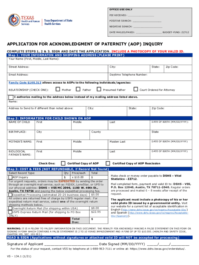  Application for Acknowledgment of Paternity Inquiry 2021