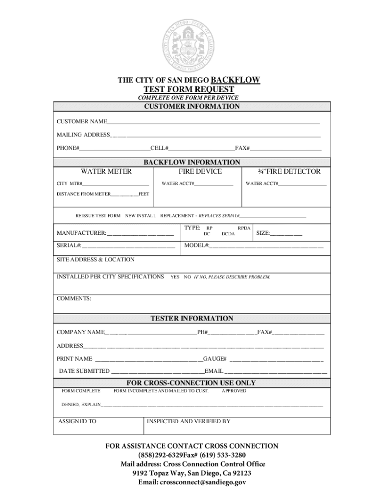 The CITY of SAN DIEGO BACKFLOW TEST FORM REQUEST