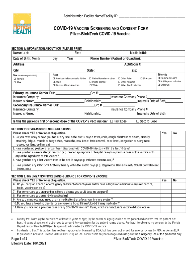Covid 19 Vaccine Screening and Consent Form Fillable
