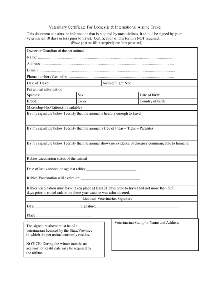 Veterinary Certificate for Domestic &amp; International Airline Travel  Form