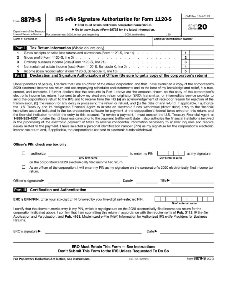  IRS E File Signature Authorization for Form 1120 S Internal 2020