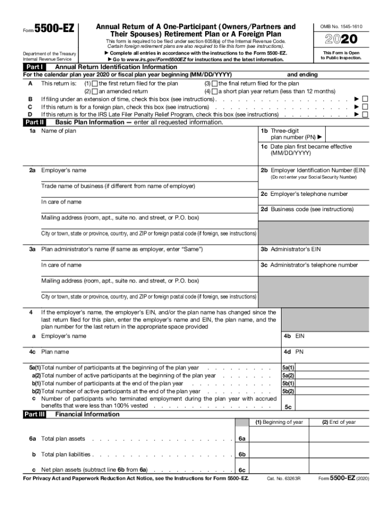  Instructions for Form 5500 EZ Internal Revenue Service 2020