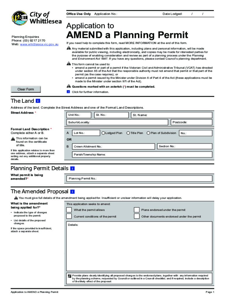 AMEND a Planning Permit City of Whittlesea  Form