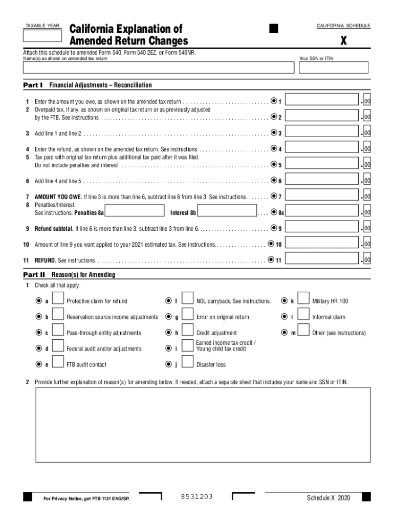  Schedule X California Explanation of Amended Return Changes 2020