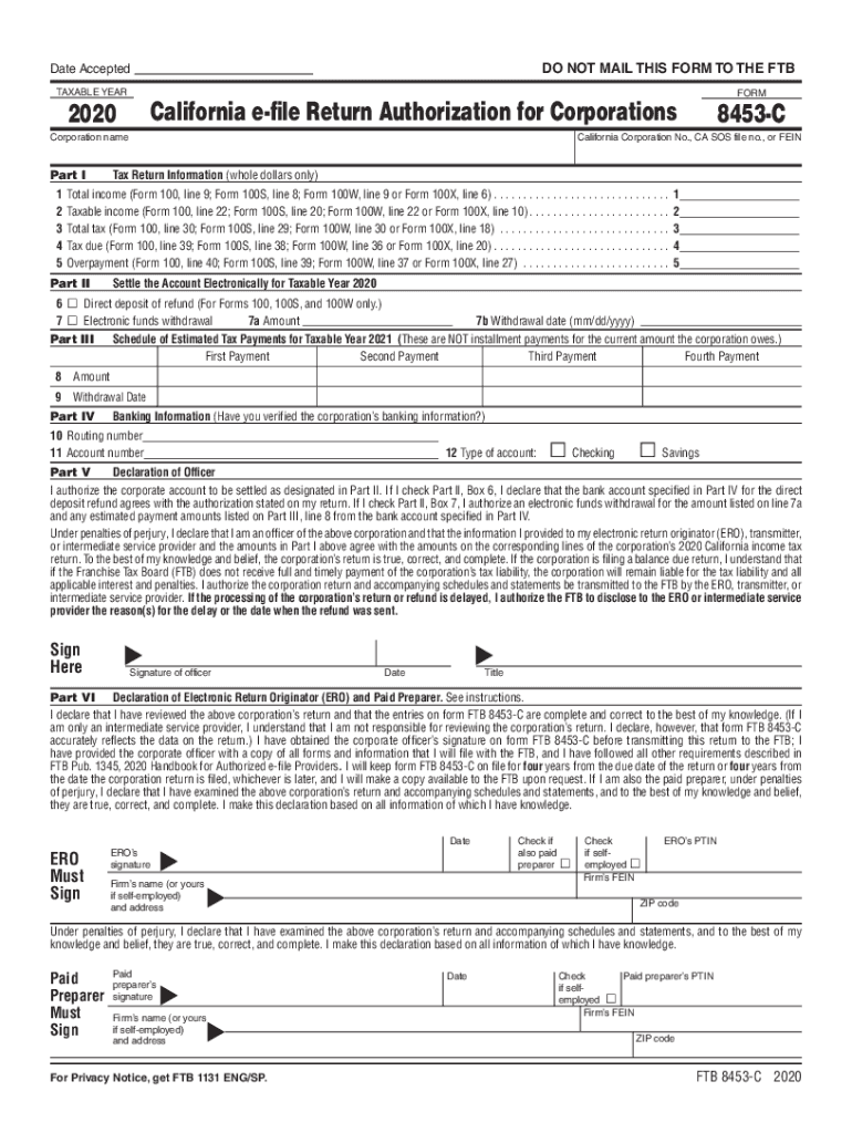  FORM 8453 C California E File Return Authorization for 2020