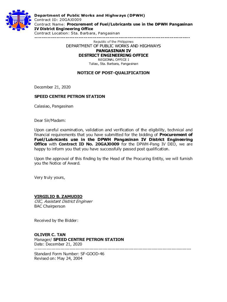  Civil Works Notice of Award Department of Public DPWH 2020-2024
