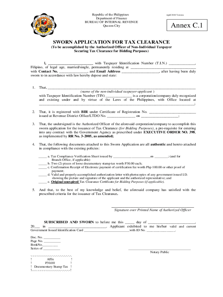  Tax Clearance Application Form Bureau of Internal BIR 2018-2024