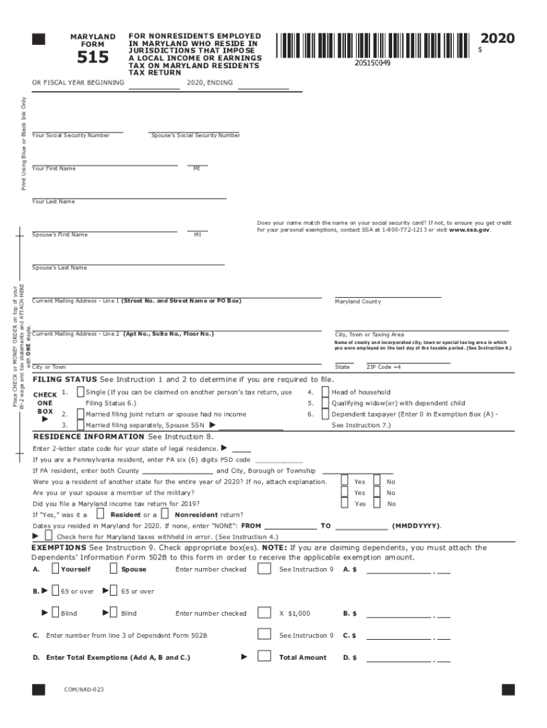  TY 515 TAX YEAR 515 INDIVIDUAL TAXPAYER FORM 2020
