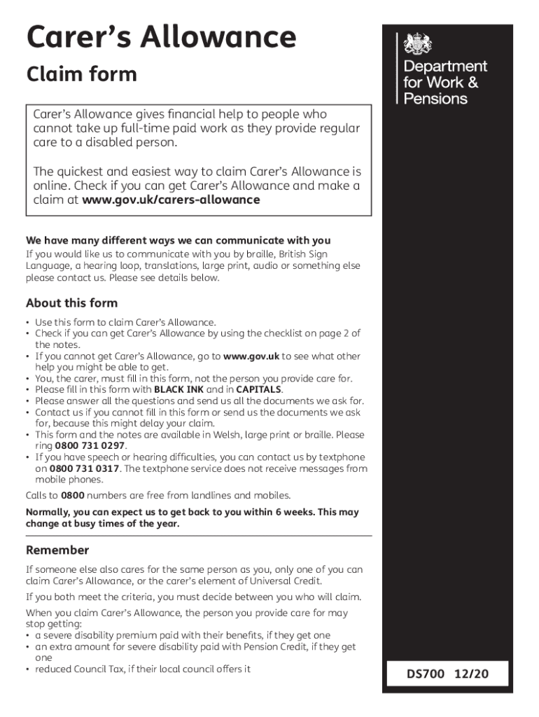  Carers Allowance Form 2020-2024