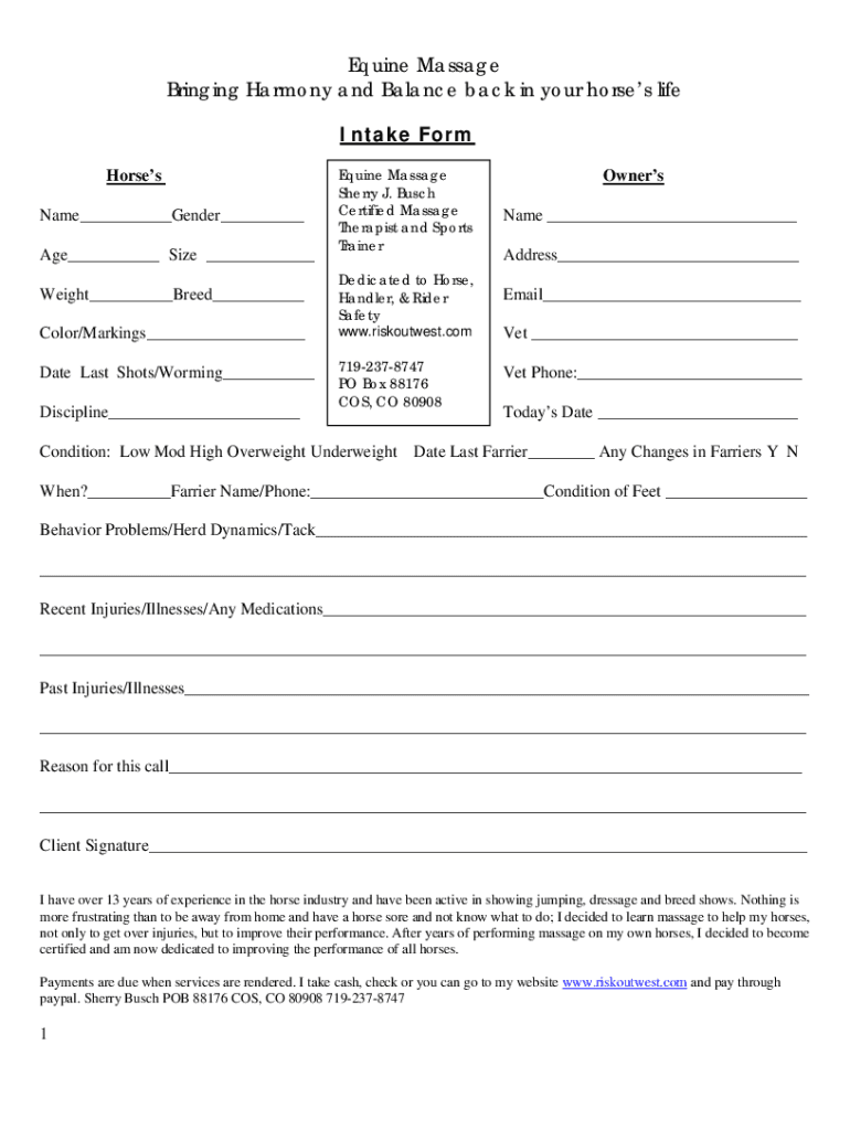 Equine Massage Intake Form DOC