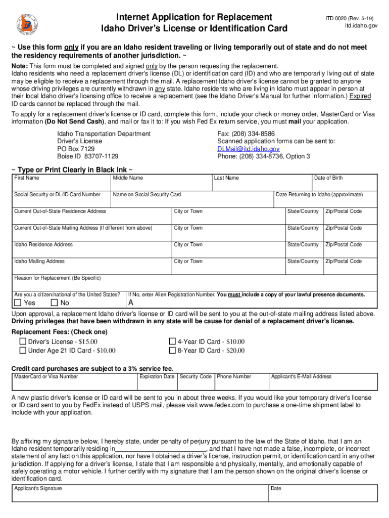  Internet Application for Replacement Idaho Driver's License or Identification Card 2019-2024