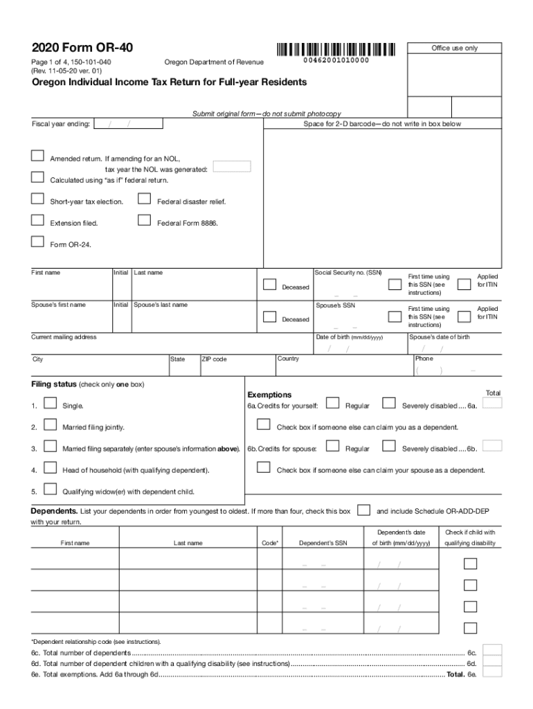 Get and Sign Form or 40, Oregon Individual Income Tax Return for Full Year Residents, 150 101 040 2020