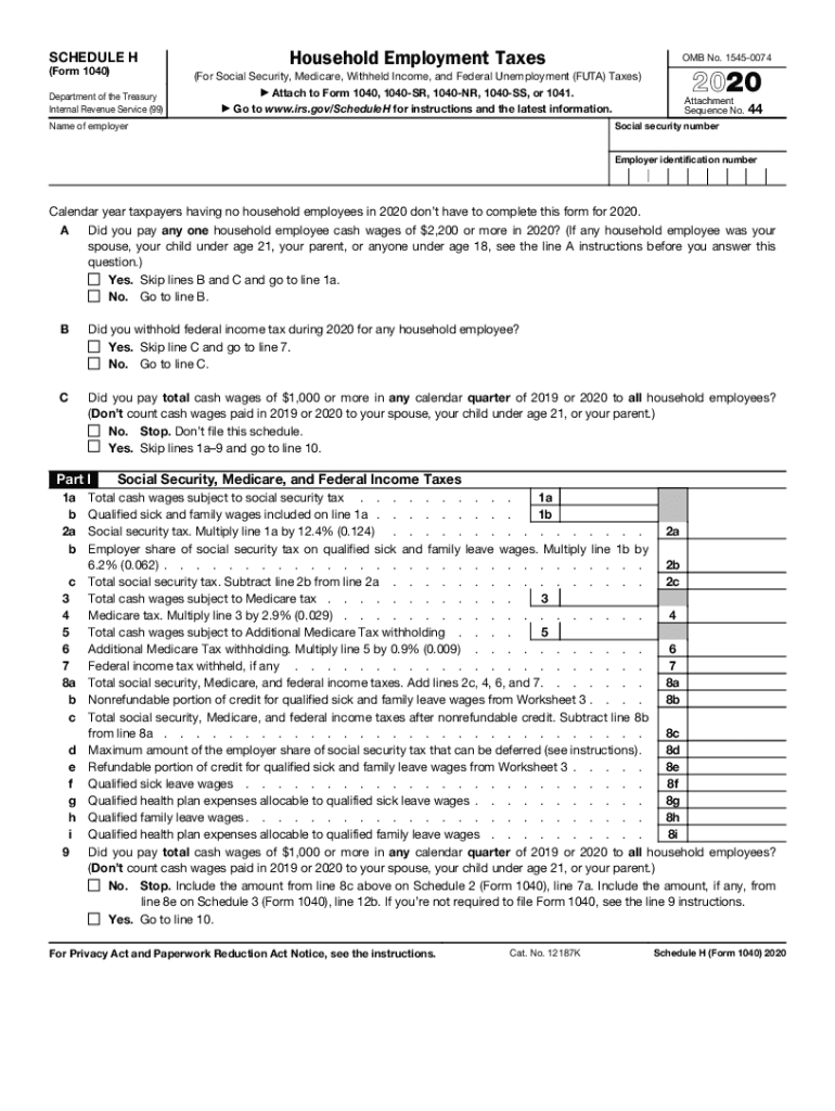  Schedule H Form 1040 Internal Revenue Service 2020