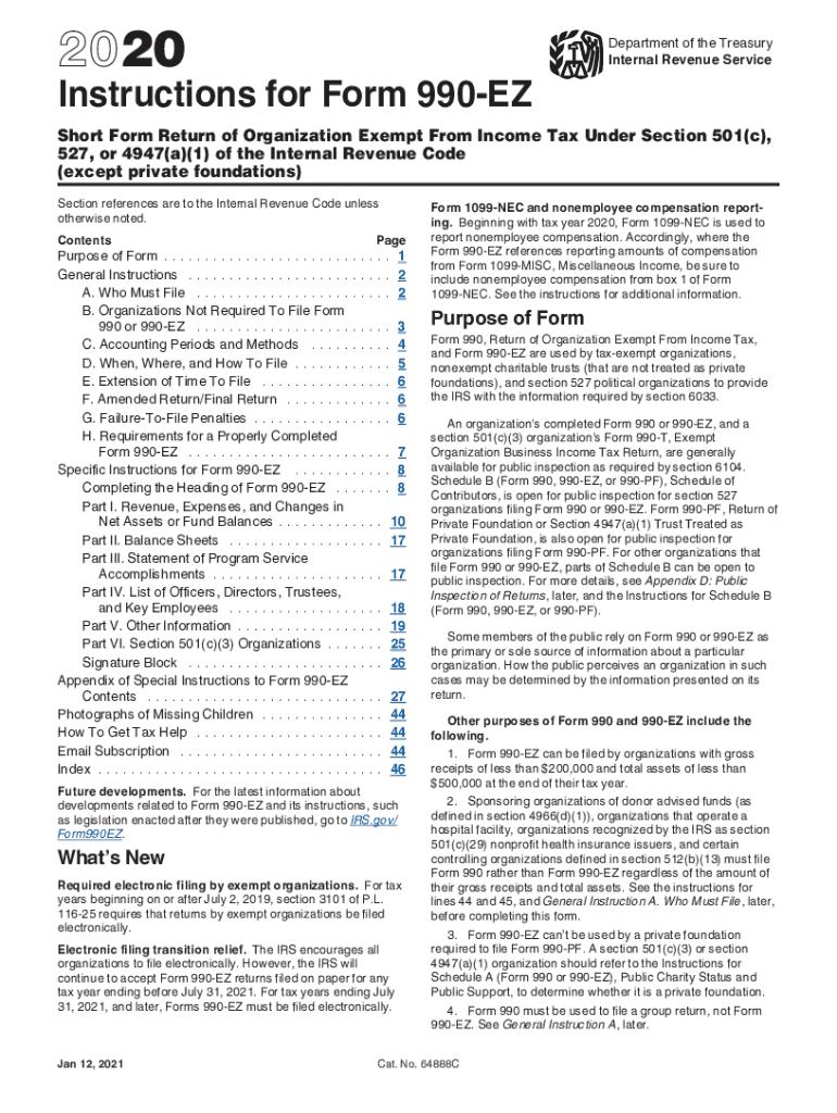  Instructions for Form 990 EZ Instructions for Form 990 EZ, Short Form Return of Organization Exempt from Income Tax under Sectio 2020