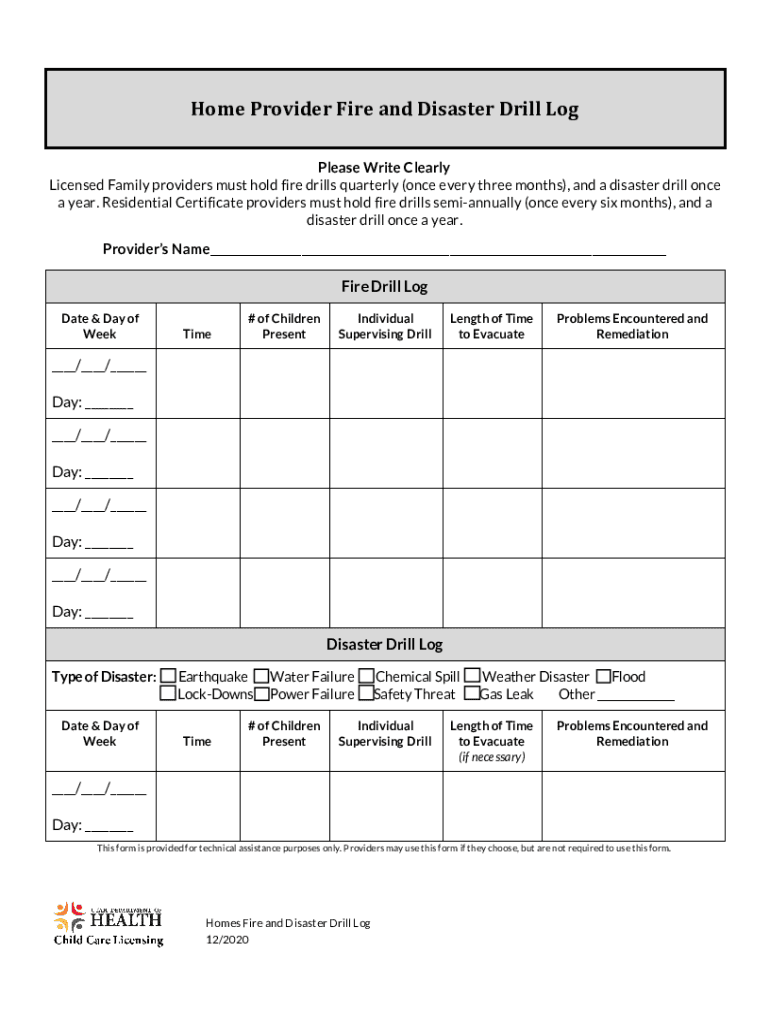Home Provider Fire and Disaster Drill Log  Form
