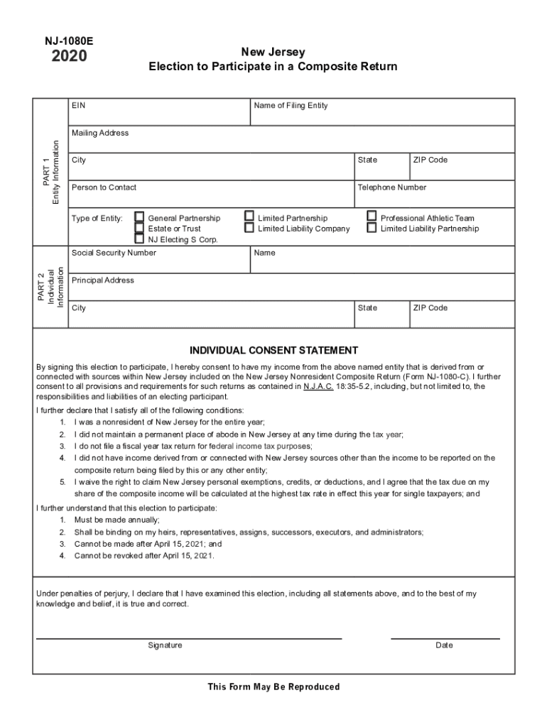  New Jersey Election to Participate in a Composite Return, Form NJ 1080E 2020