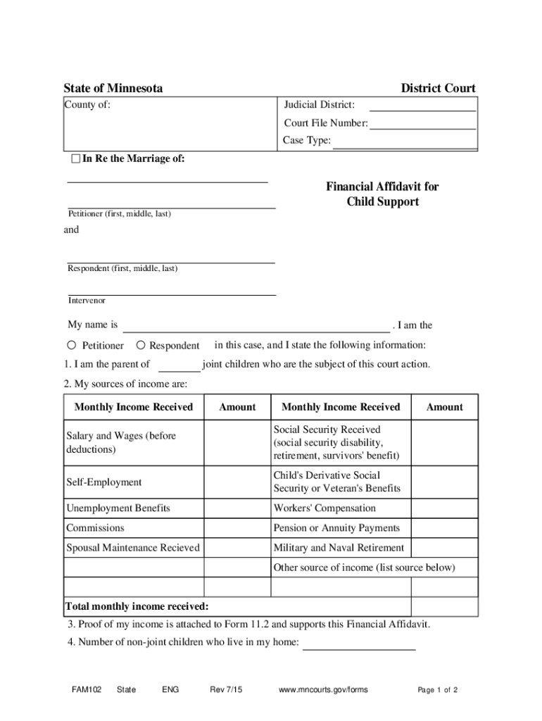  State of Minnesota District Court Financial Affidavit for 2015-2024