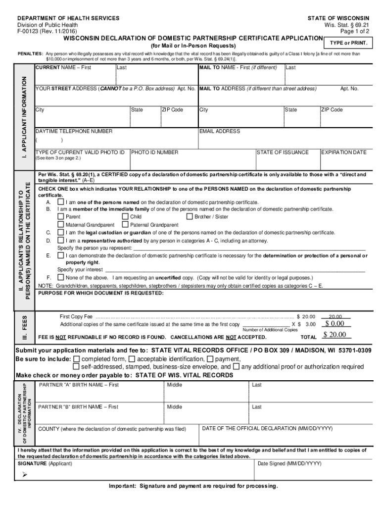  Wisconsin Declaration of Domestic Partnership Application for Mail or in Person Requests Wisconsin Declaration of Domestic Partn 2016-2024