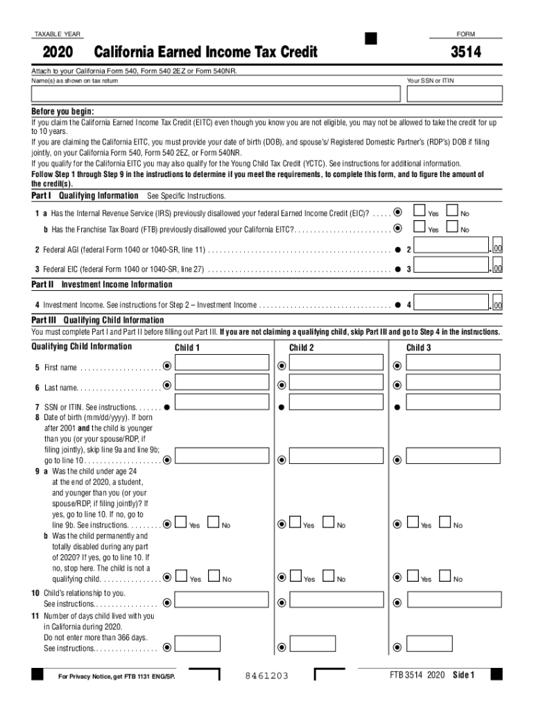  Form 3514 California Earned Income Tax Credit Form 3514 California Earned Income Tax Credit 2020