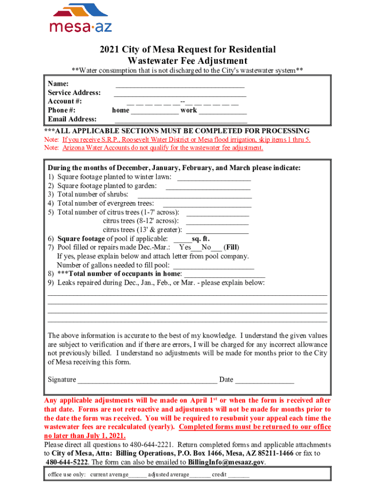  Wastewater Fee Adjustment Form 2021