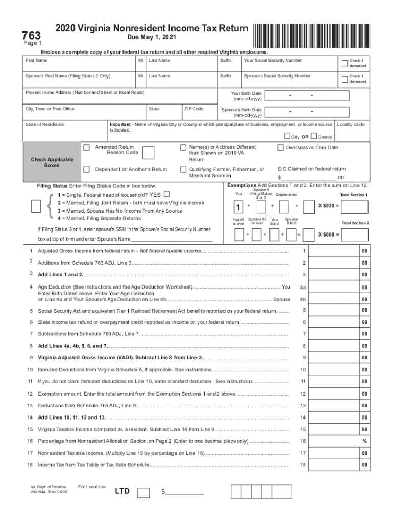 Get and Sign Form 763, Virginia Nonresident Income Tax Return Virginia Nonresident Income Tax Return 2020