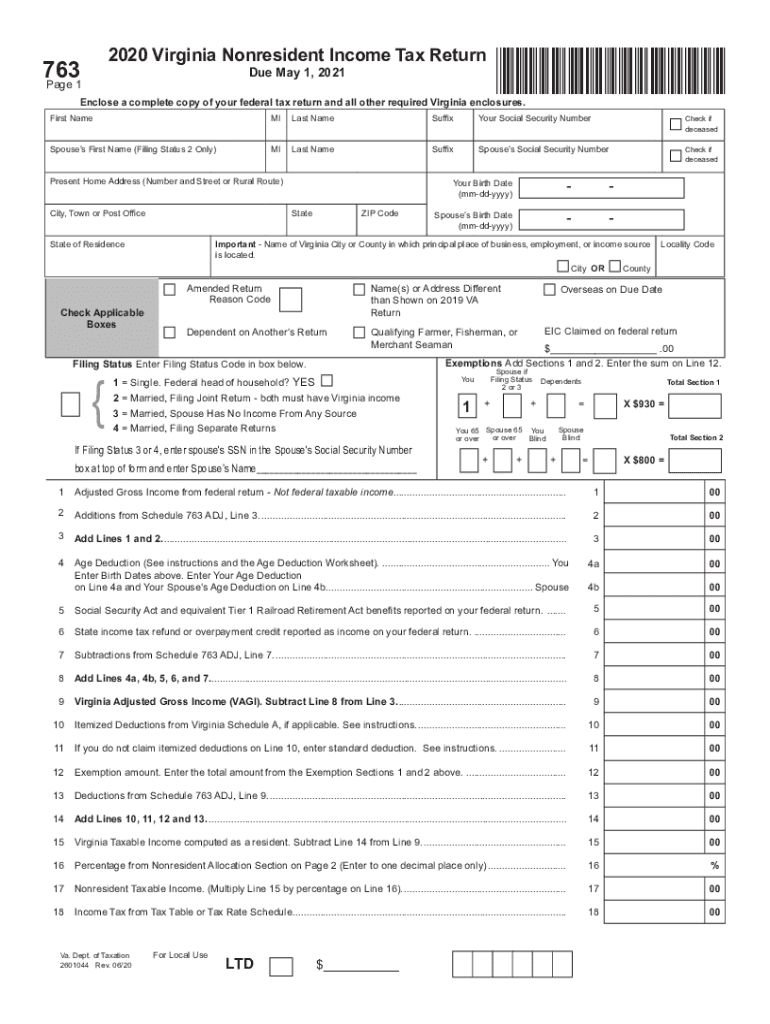  Form 763, Virginia Nonresident Income Tax Return Virginia Nonresident Income Tax Return 2020