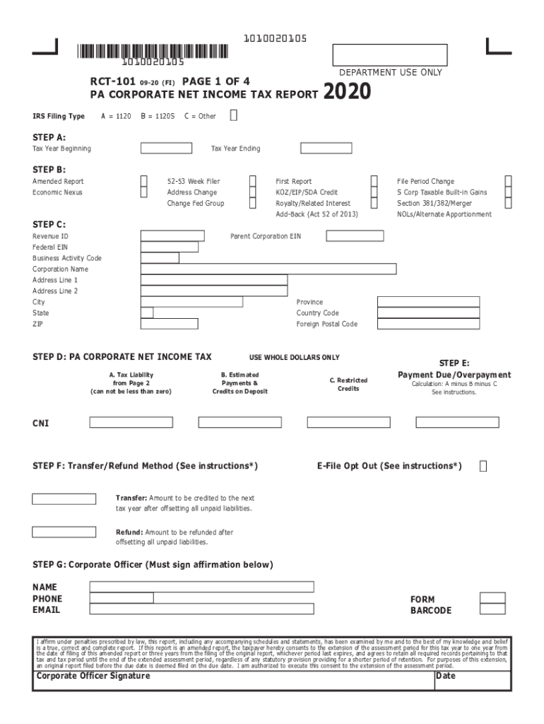  PA Corporate Net Income Tax Report RCT 101 FormsPublications 2020