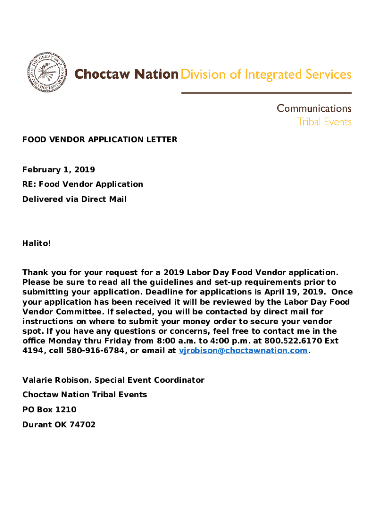 Food Vendor Application Letter Sample  Form