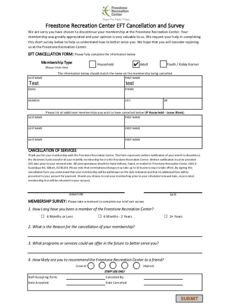 Stone Recreation Center EFT Cancellation and Survey  Form