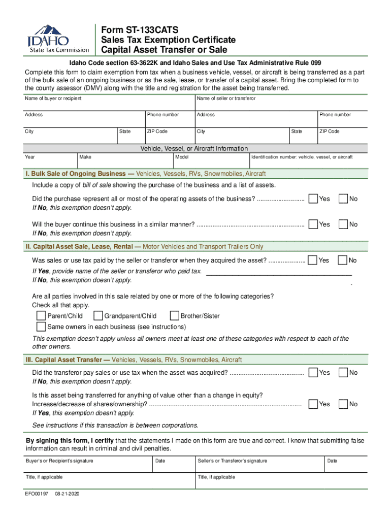 Form ST 133CATS, Sales Tax Exemption Certificate Capital Asset