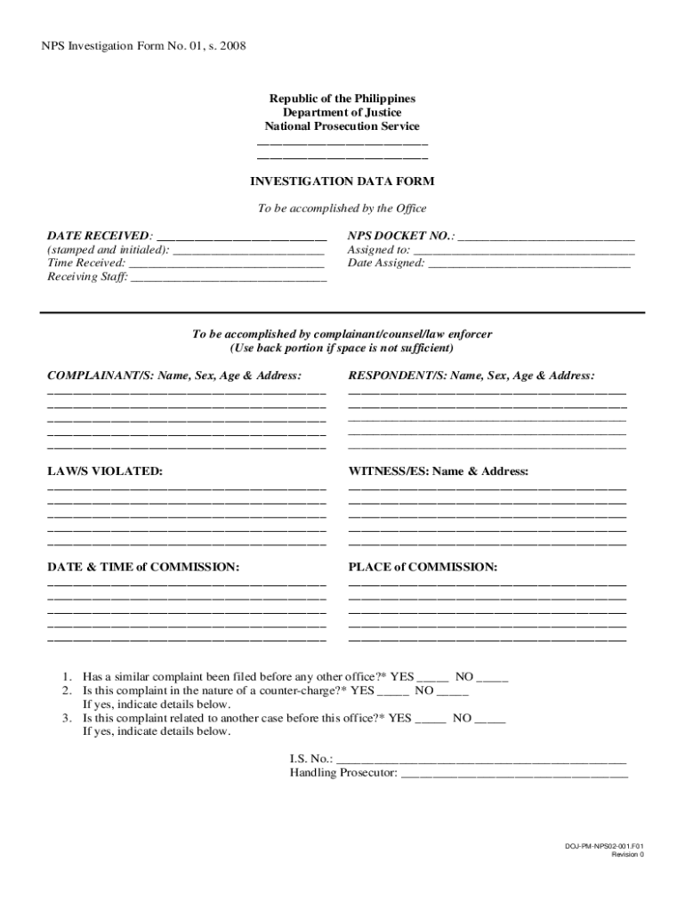 Investigation Data Form Word Format