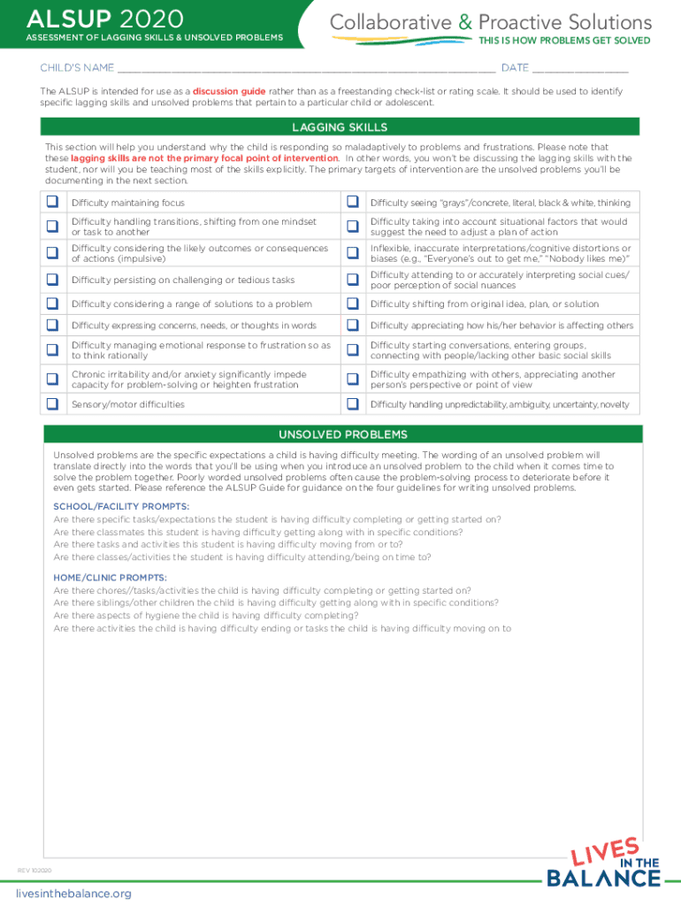 ASSESSMENT of LAGGING SKILLS &amp; UNSOLVED PROBLEMS  Form