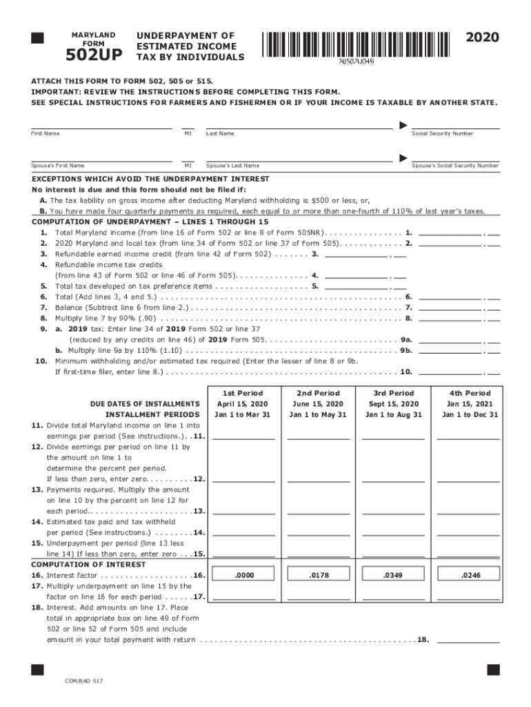  TY 502UP TAX YEAR 502UP INDIVIDUAL TAXPAYER FORM 2020